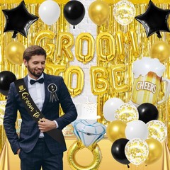 Gold Bachelor Party Decorations – Groom To Be Banner, Satin Sash, Fringe Curtain