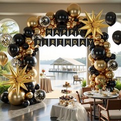 141Pcs Black and Gold Balloon Arch Kit with Happy Birthday Banner for Black a