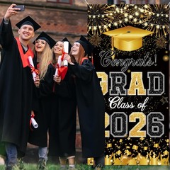 Class of 2026 Graduation Party Decorations Black Gold Congrats Banner Door Co…