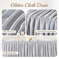 6ft Length Satin Silver Table Skirt Rectangle Tables, Pleated Ruffle Table Sk…