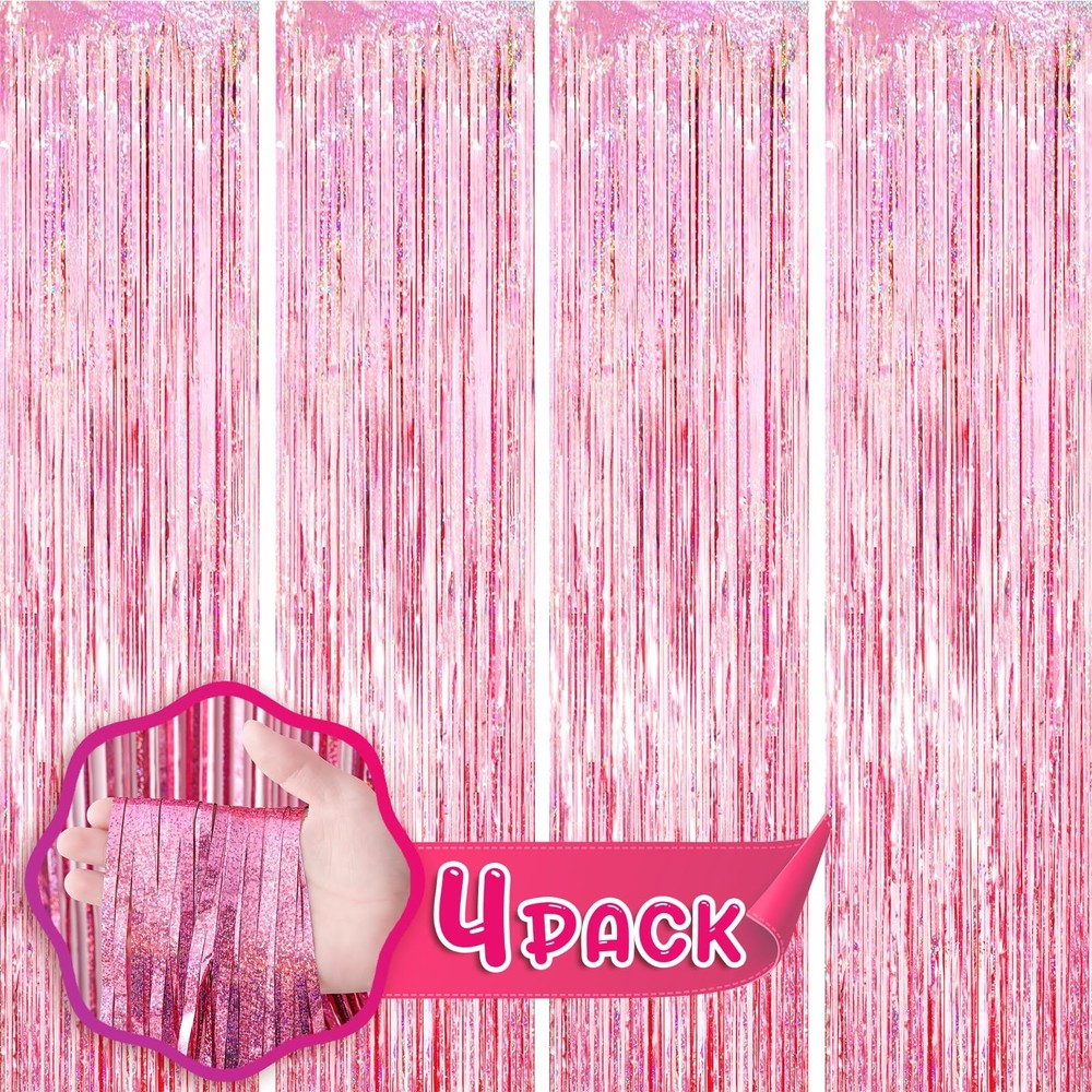 4 PCS 3.3×8.2 FT Laser Pink Foil Fringe Backdrop Curtains Tinsel Decor