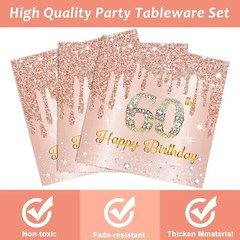 Exquisite 96-Piece Pink Rose Gold 60th Birthday Party Set for 24 Guests: Luxu…