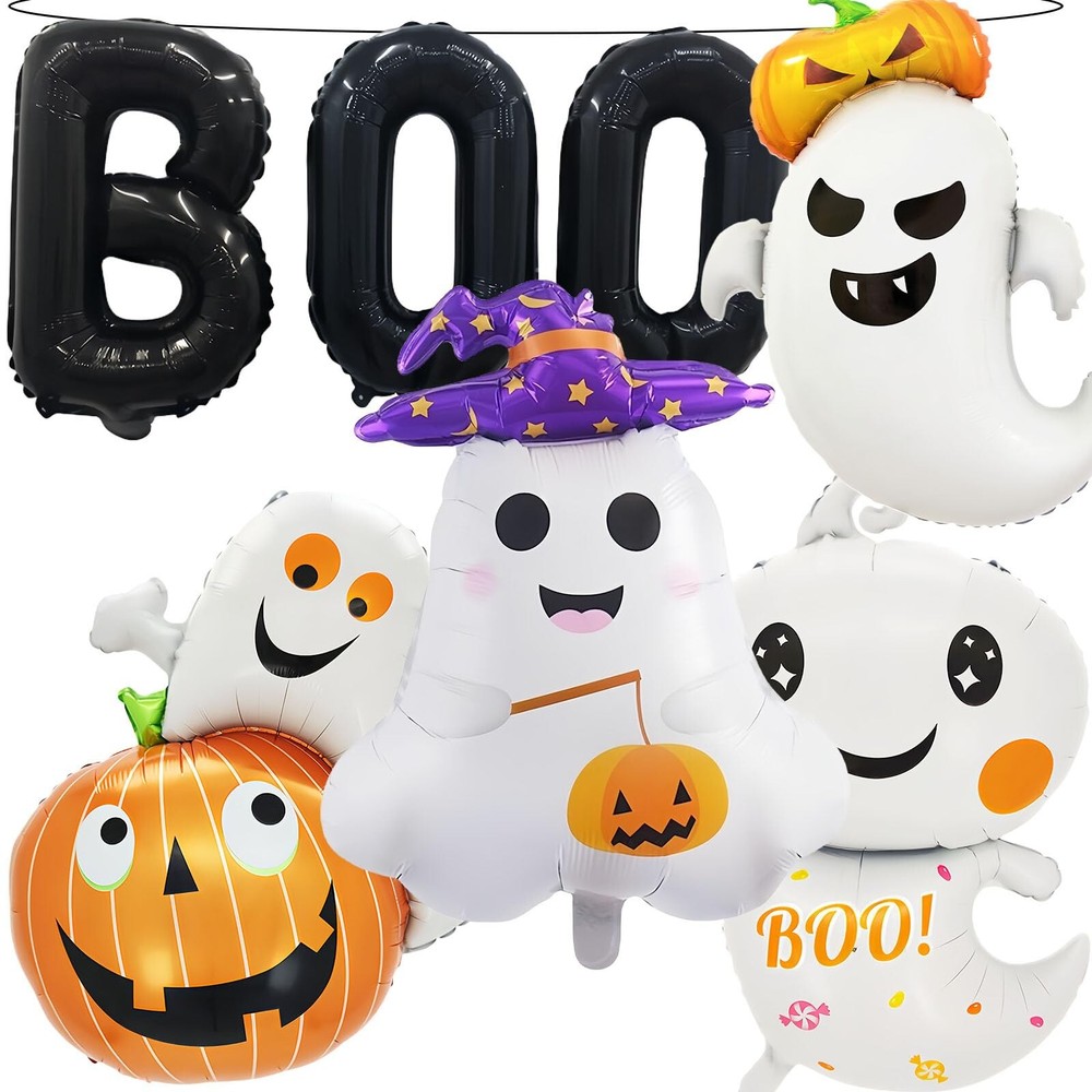 7 Pieces Halloween Ghost Pumpkin Boo Balloons Set, Large Cute Happy Boo Day F…