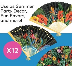 12pc Exotic Flowers & Flamingos Folding Paper & Wood Hand-Held Fans Favors #817