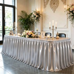 6ft Length Satin Silver Table Skirt Rectangle Tables, Pleated Ruffle Table Sk…