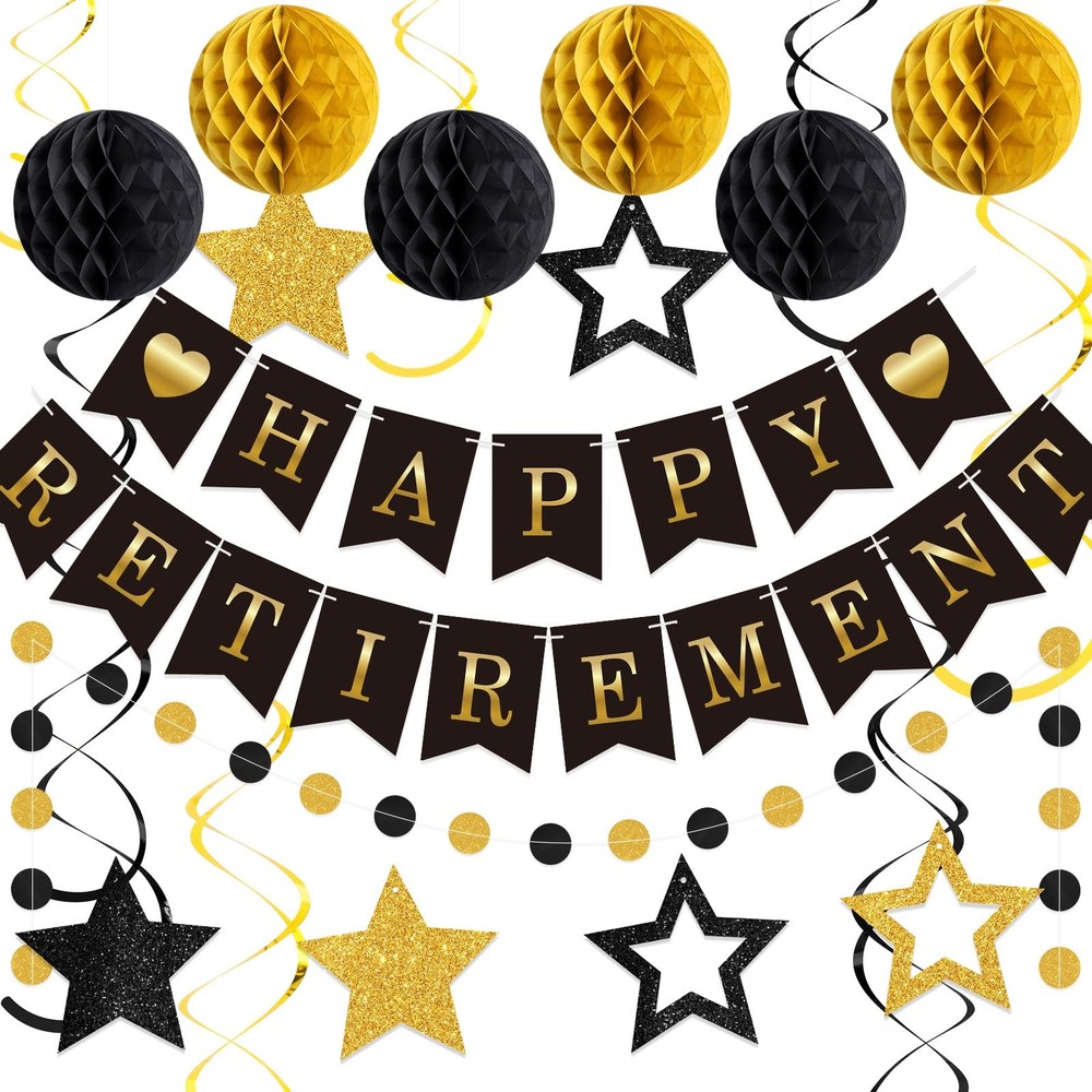 Epakh 24 Pcs Retirement Party Decorations Black Gold Happy Retirement Banner Gli