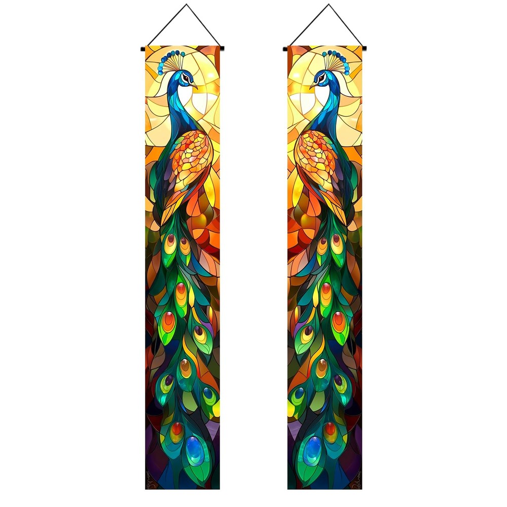 BlissYard 2pcs Peacock Decorations Door Banner Stained Glass Peacock Porch Ba…