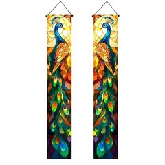 BlissYard 2pcs Peacock Decorations Door Banner Stained Glass Peacock Porch Ba…