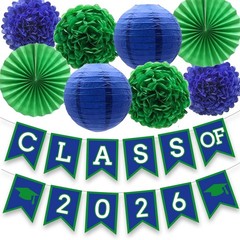 Blue Green Graduation Party Decoration Class Banner Hanging Pom Poms Flowers …