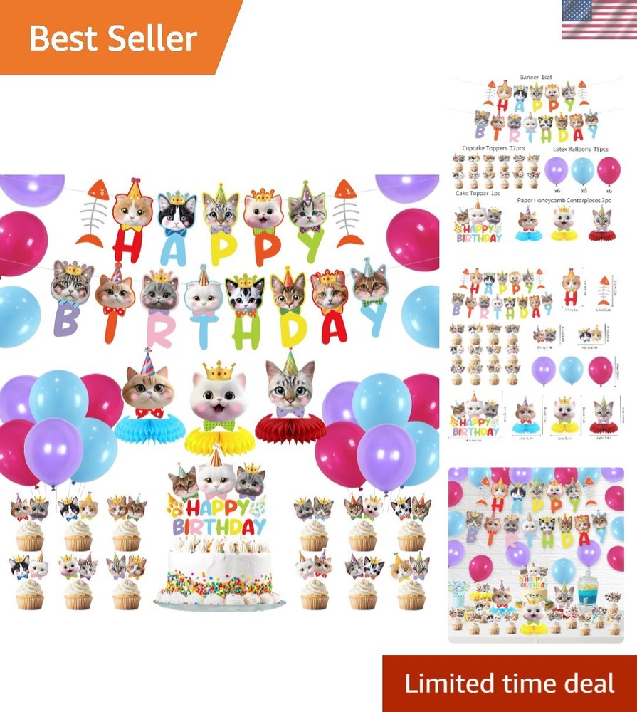 Vibrant 35-Piece Kitten Birthday Party Kit: Includes Banners & Balloons