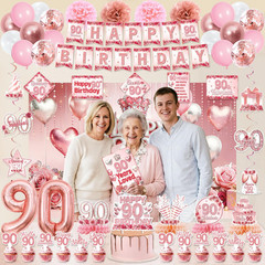 90Th Birthday Decorations for Women, Pink Rose Gold Flower 90 Years Old Party