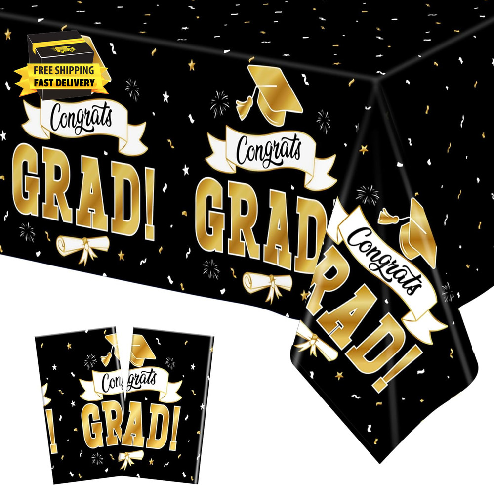 2Pack Graduation Decorations 2026, 108″ X 54″ Graduation Tablecover, Blackgold R