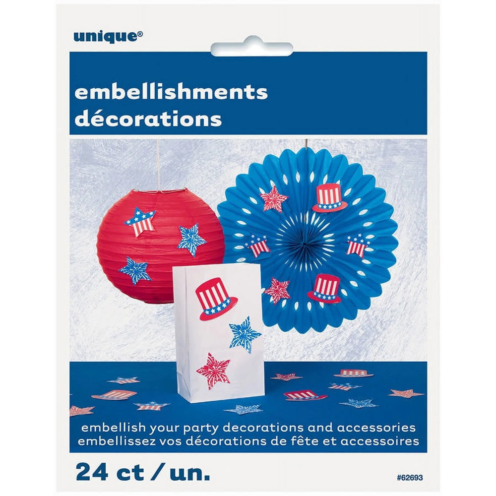 Patriotic Party Embellishments 24 Ct Stars Uncle Sam Hats Adhesive Included