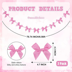 2 Pack Pink Bow Garland Banner Pre-Strung, Coquette Birthday Decorations Satin R