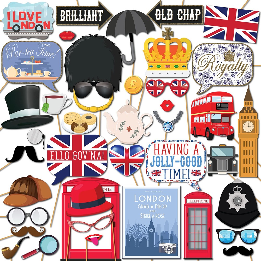 41 PCS British Photo Booth Props Kit with 8×10 Sign London England Theme