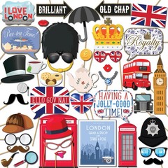 41 PCS British Photo Booth Props Kit with 8×10 Sign London England Theme