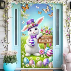 Happy Easter Decorations Colorful Eggs Flowers Bunny Door Cover Banner 71″x35″