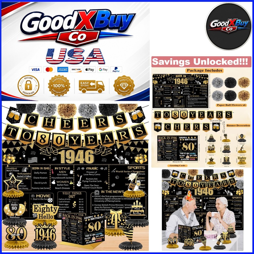 80th Birthday Decorations Kit Black Gold Back in 1946 Banner Set for Men Women