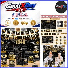 80th Birthday Decorations Kit Black Gold Back in 1946 Banner Set for Men Women