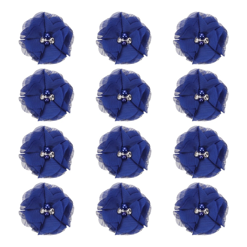 12Pcs 2″ Chiffon Flower with Rhinestone Pearl Sewing Fabric Flower,Sapphire Blue
