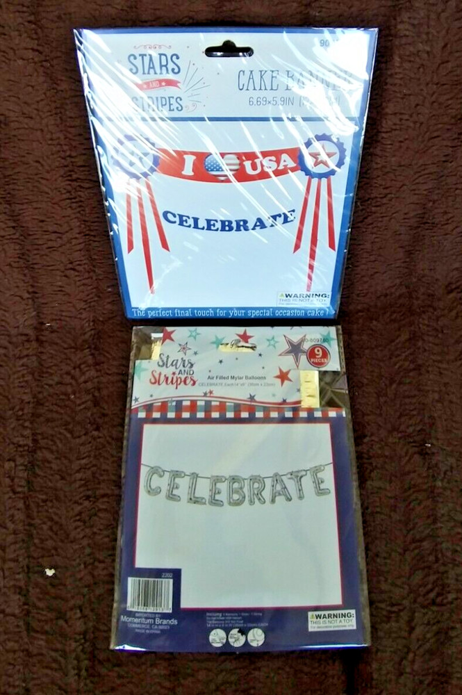 Holiday Patriotic July 4th Air Filled Mylar Balloons and Cake Banner Set