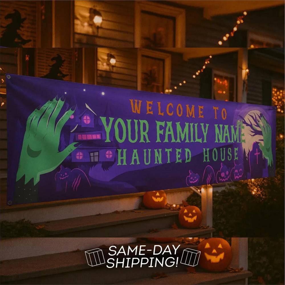 Custom Halloween Haunted House Banner Personalized Vinyl Party Backdrop for Yard