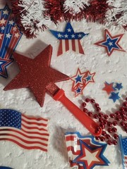 Patriotic Decorations Patriotic Bow, Tinsel Star, Tablecloth, Window Clings…..