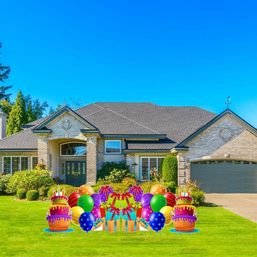Colorful Balloon Clusters, Cakes & Stacks of Presents Yard Card Fillers, 6pcs