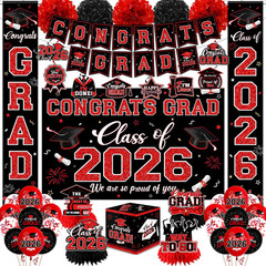 Graduation Decorations Class of 2026,Red Graduation Party Supplies- Congrats Gra