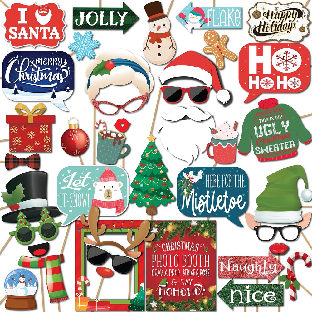 Christmas Photo Booth Props 41-pc Kit 8×10-Inch Sign Holiday Photobooth Prop