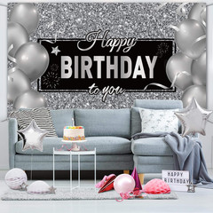 Black Silver Happy Birthday Banner Backdrop Party Decoration for Men Women Birth