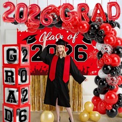 Graduation Decorations 2026, Red Black Graduation Party Decorations 123pcs Ba…