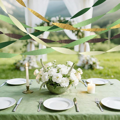 5 Rolls Crepe Paper Streamers – Sage Olive Green, Gold & Ivory Party Decorations