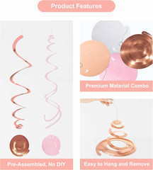 Pink Hanging Swirl Decorations for Party – 42PCS Rose Gold Foil Ceiling Streamer