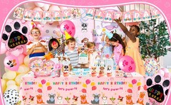 161 Pcs Puppy Party Decorations Pink Dog Tableware Set Balloons Banner Plate