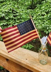 NEW! Tea Stained 4″ x 6″ American Flag on Wood Stick with Gold Top – 2/Pack USA