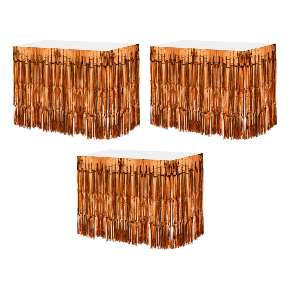 3 PACK 29×108 Inch Orange Metallic Foil Fringe Tinsel Table Skirts