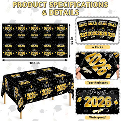 4 Pack Graduation Decorations, 54″ x 108″ Black and Gold Rectangle Graduation Ta