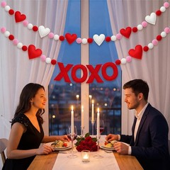 2pcs Valentine Garland Felt 3D Heart Ball Pompom Garland Red White Pom Pom Ba…