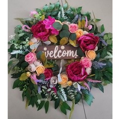 60cm Rustic Floral Wreath with Peony Rose Hydrangea for Front Door Decoration