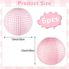 6PCS Pink Gingham Party Decoration Pink Paper Lanterns Pink and White Checkered