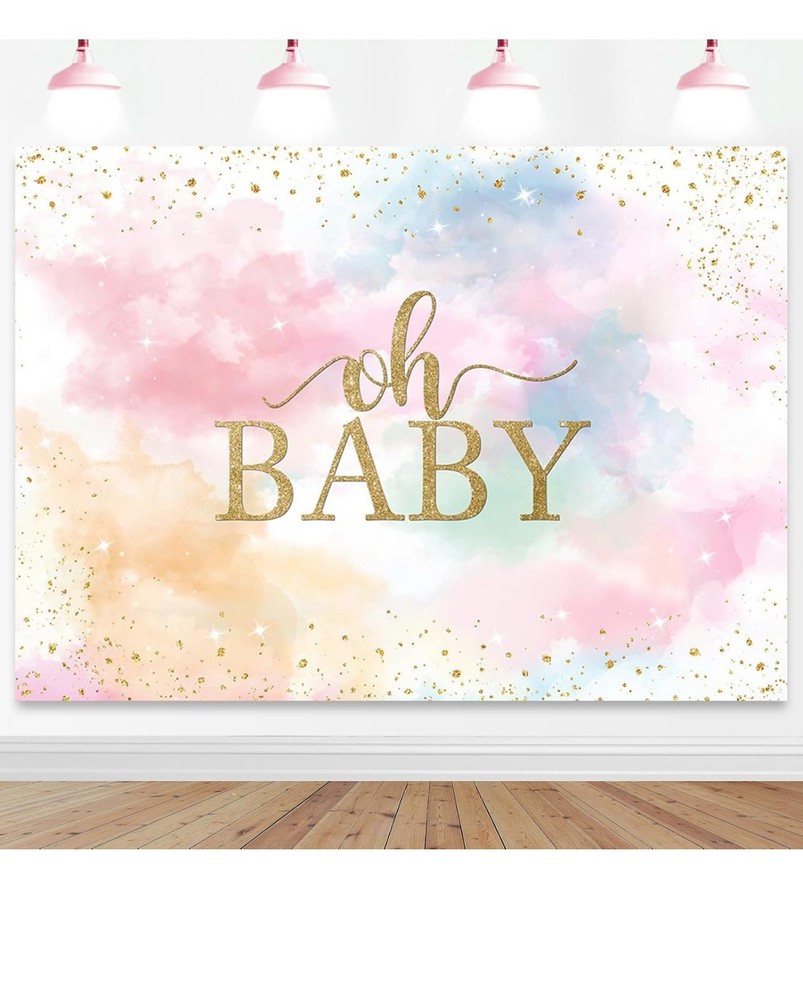 Mocsicka Rainbow Oh Baby Backdrop Colorful Cloud Pastel Rainbow Golden Dot Girl
