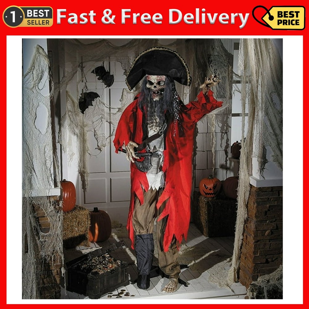 Morris Costumes 6.2 ft Standing Animated Skeleton Pirate Decoration – Red