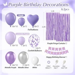 Metallic Silver White Lavender Purple Balloons, Happy Birthday Banner, Cake