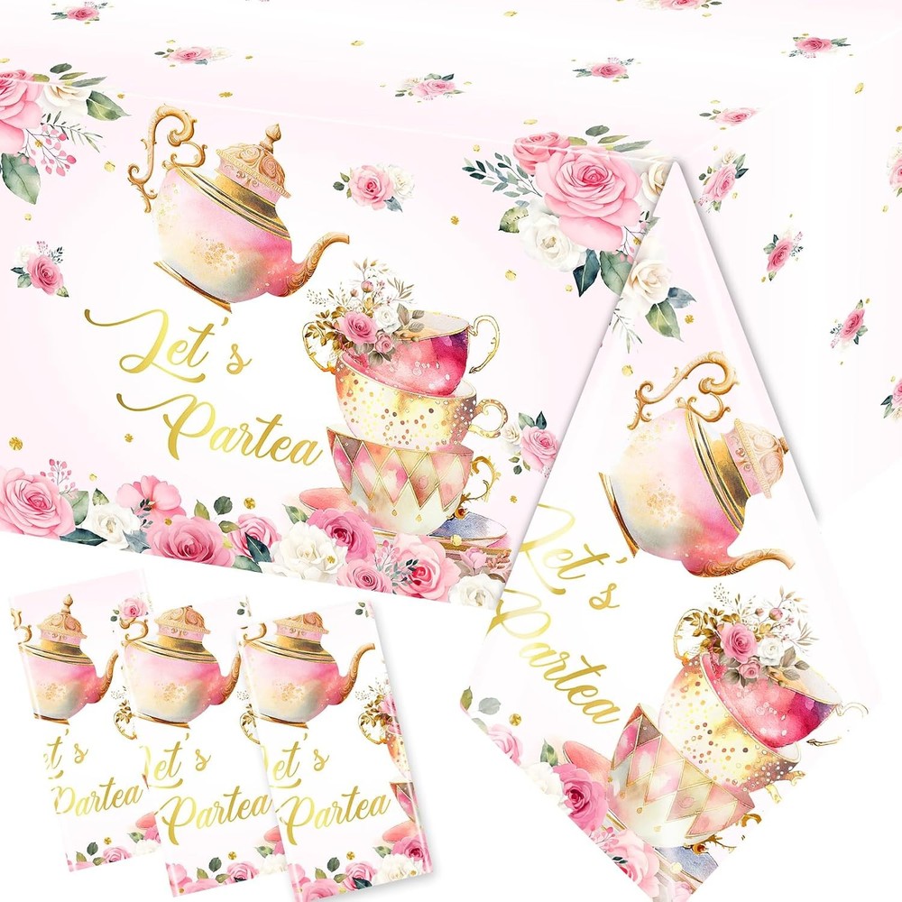 Pink Floral Tea Party Tablecloth, Girls Tea Party Birthday Supplies 3pcs Let’s