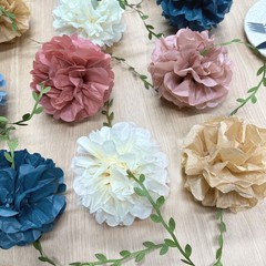 Dusty Rose Pink Blue Khaki Beige Tissue Paper Flowers Pom Pom with Leaf Ribbo…