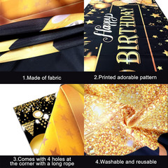 7X5Ft Happy Birthday Backdrop Banner – Black Gold Glitter Balloon Theme