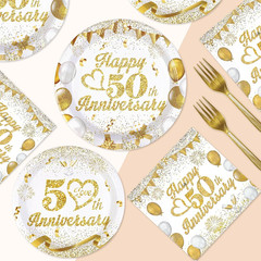 96Pcs 50Th Wedding Anniversary Decorations,Golden 50Th Anniversary Party Plates