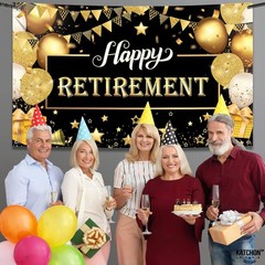 Katchon, Happy Retirement Banner – Black & Gold Xtralarge, 72×44 Inch | Wall Ban