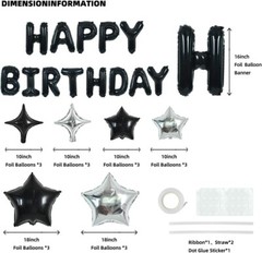 Complete Black Happy Birthday Balloon Set with 16 Inch Letter & Star Balloons